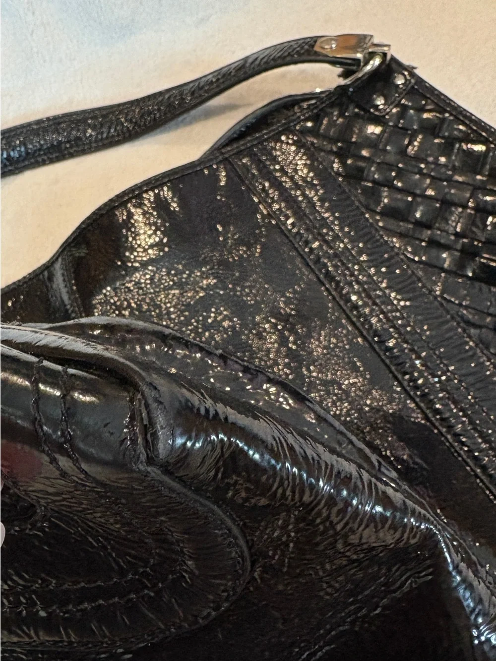 Elliott Lucca Black Patent Hobo with Woven Side Panels
